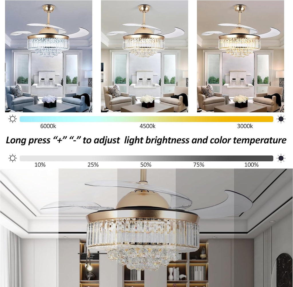 Bavnnro 42'' Fandelier Ceiling Fans with Light, Gold Retractable Crystal Chandelier Fan, Reversible, Remote Control, Dimmable Ceiling Light Kits for Dining Living Room, Bedroom