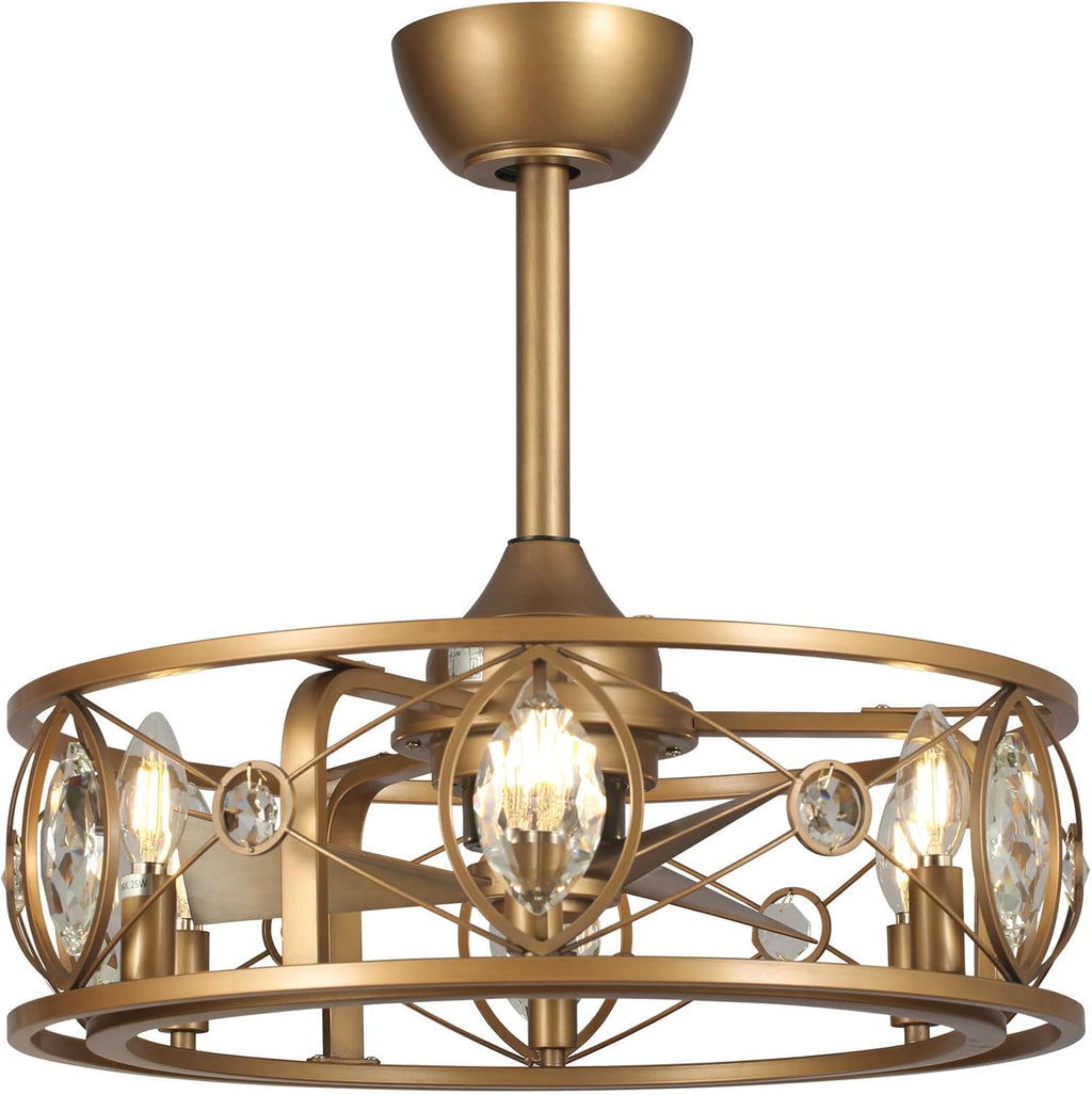 22-Inch Antique Brass Crystal Caged Ceiling Fan with Lights and Remote, Modern Drum Fandelier with Reversible AC Motor, Luxury Enclosed Flush Mount Ceiling Fan for Bedroom Living Room