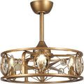 22-Inch Antique Brass Crystal Caged Ceiling Fan with Lights and Remote, Modern Drum Fandelier with Reversible AC Motor, Luxury Enclosed Flush Mount Ceiling Fan for Bedroom Living Room