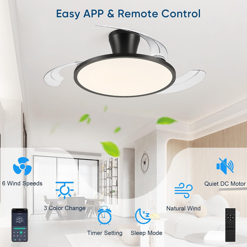 42' Retractable Ceiling Fan with Light, Slim Fandelier Ceiling Fans with Remote & App Control, Full Spectrum, Low Profile Modern Ceiling Fan for Bedroom Living Room Kitchen, Black