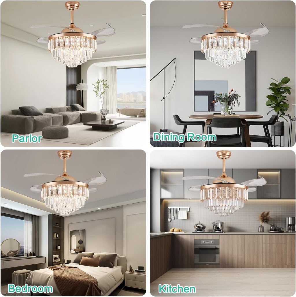 48' Dimmable Gold Fandelier Crystal LED Ceiling Fans with Lights and Remote Modern Retractable Blade Ceiling Lighting Fan Kit for Bedroom Dinning Room Living Room