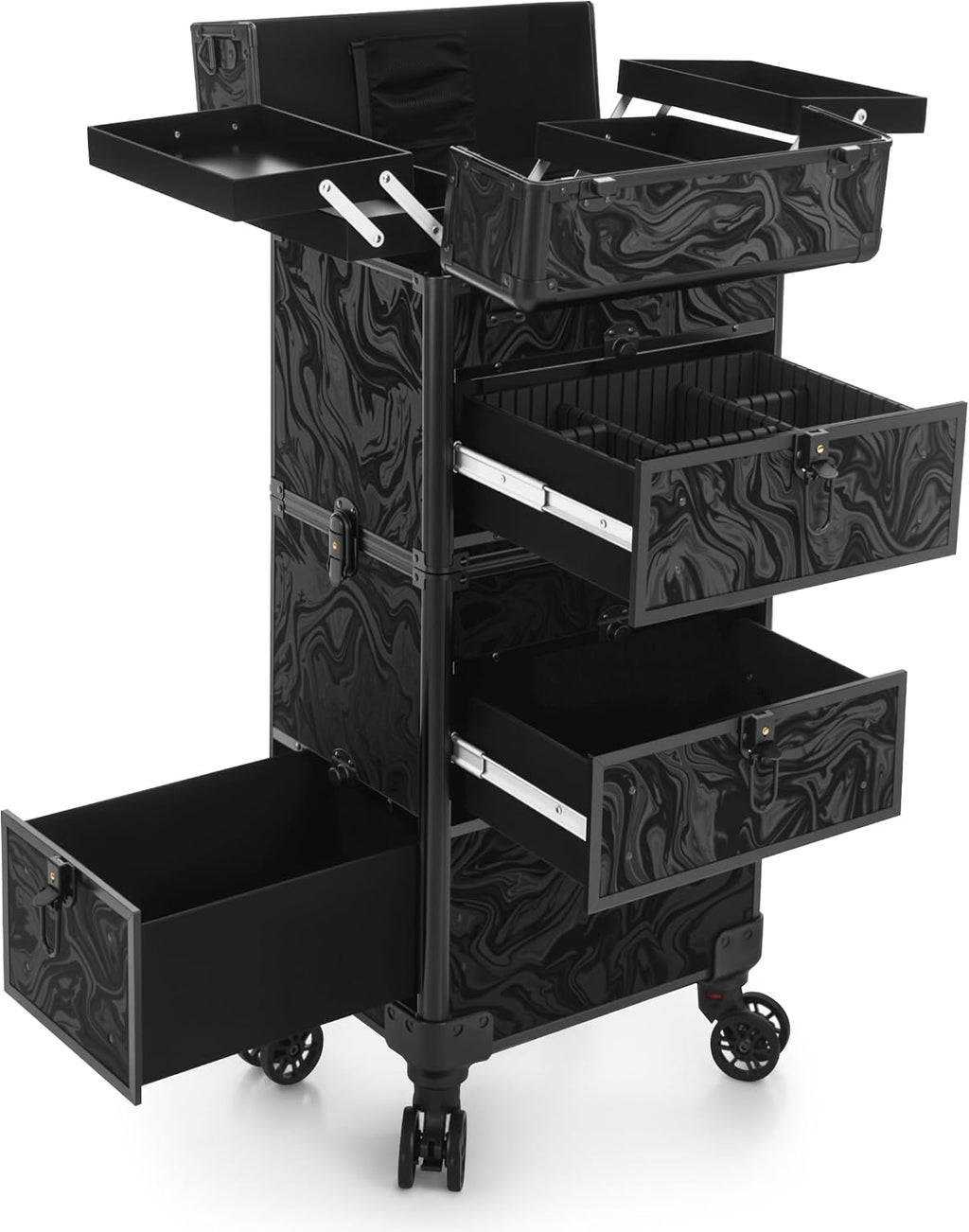 AROUS Rolling Makeup Case with 3 Drawers, Cosmetology Case on Wheels 5 IN 1 Makeup Train Case Make Up Organizer for Artist Salon Nail Teach Trunk,Ink Black