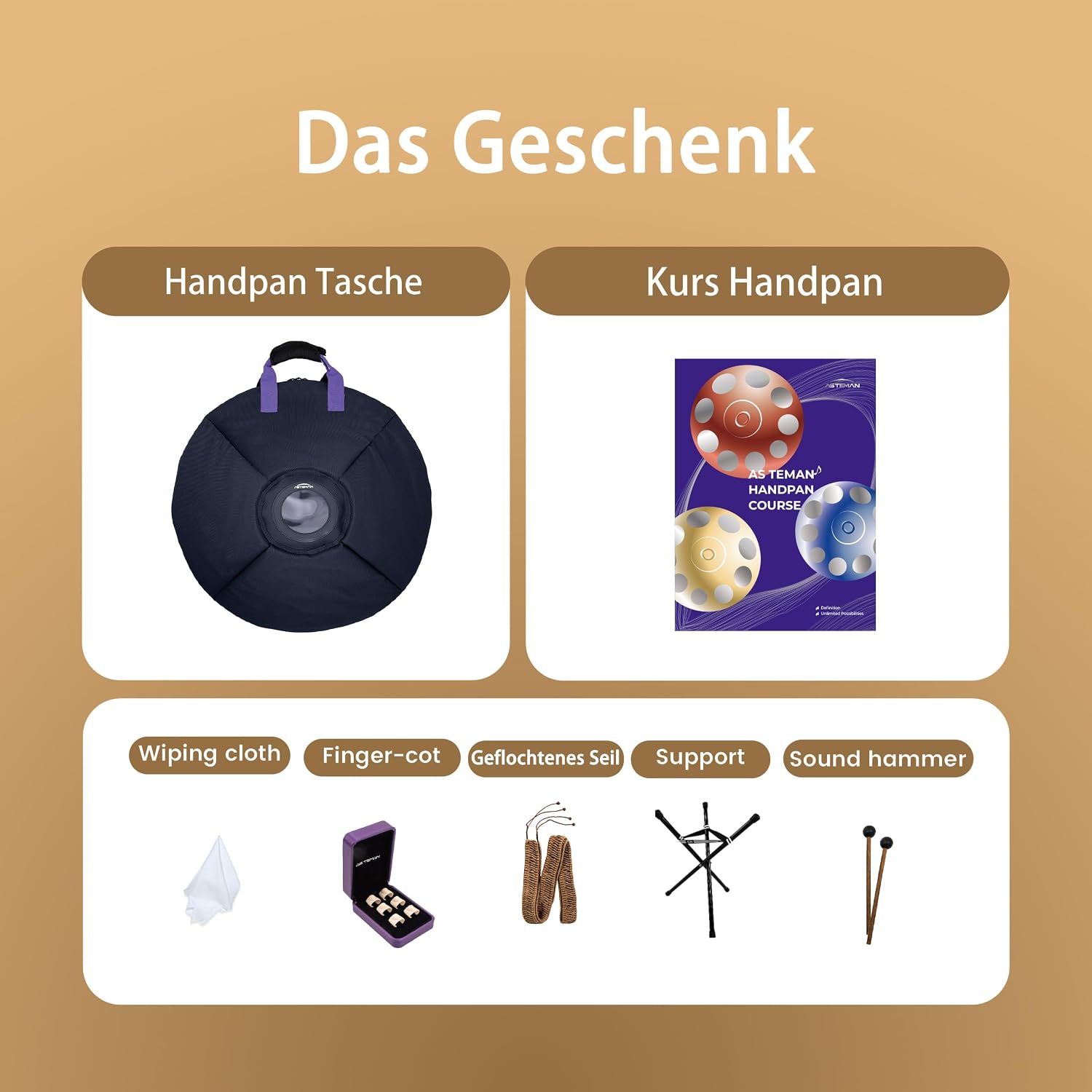 AS TEMAN HANDPAN, Handpan drum instrument in D Minor 9 Notes 440hz 22 inches Steel Hand Drum with Soft Hand Pan Bag, 2 handpan mallet,Handpan Stand,dust-free cloth,gold