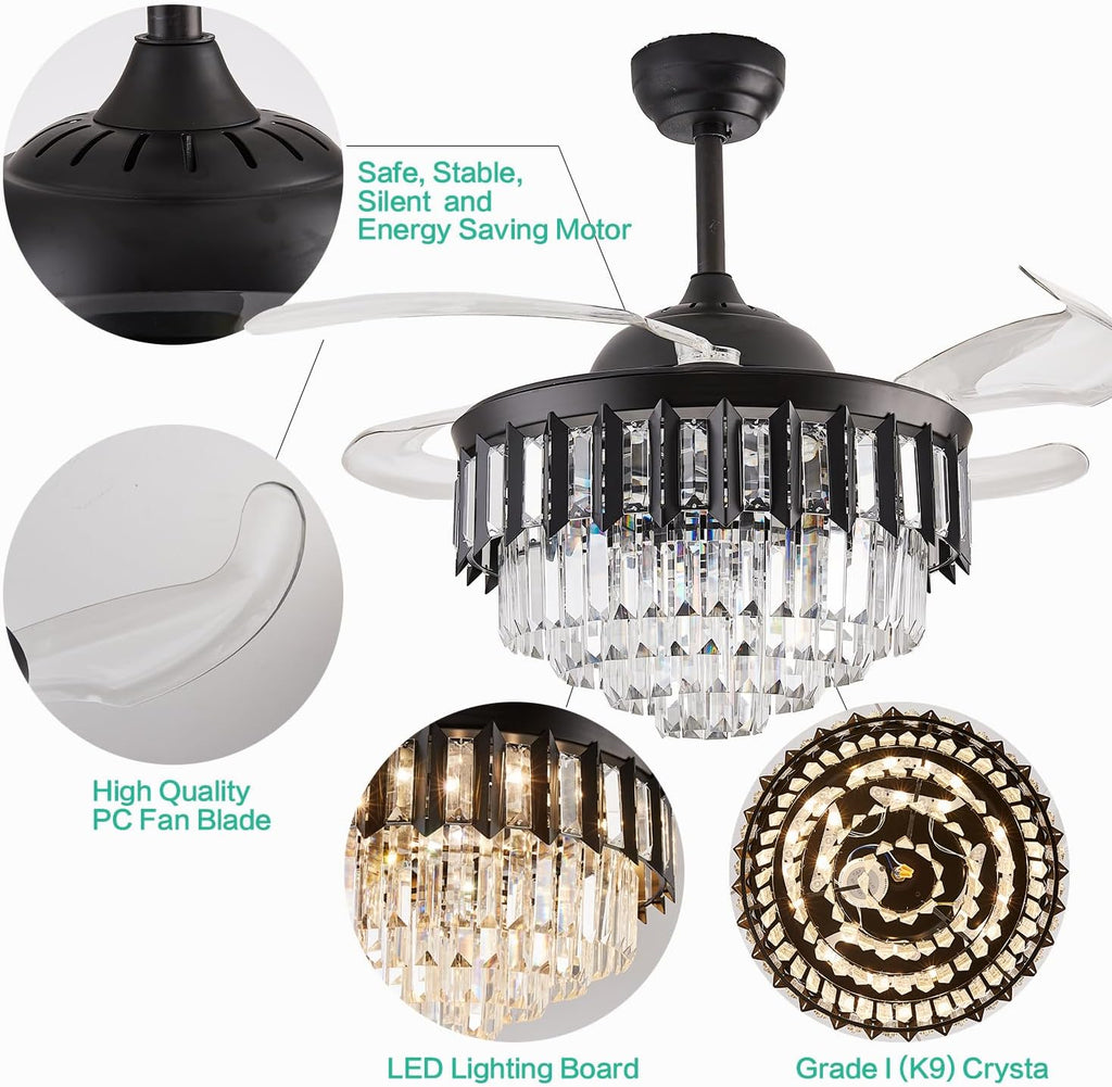 36' Dimmable Black Fandelier Ceiling Fans with Lights and Remote Modern Retractable Blade Chandelier Ceiling Fan for Bedroom Dinning Room Living Room