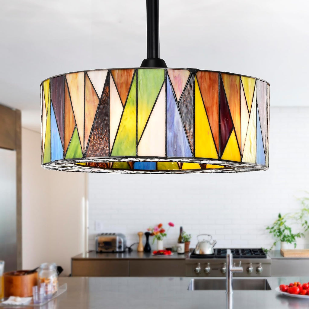 Svenja Black Lighted Ceiling Fan with Multi-Colored Earth Tones Tiffany Style Glass Shade Fandelier with Remote