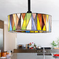 Svenja Black Lighted Ceiling Fan with Multi-Colored Earth Tones Tiffany Style Glass Shade Fandelier with Remote