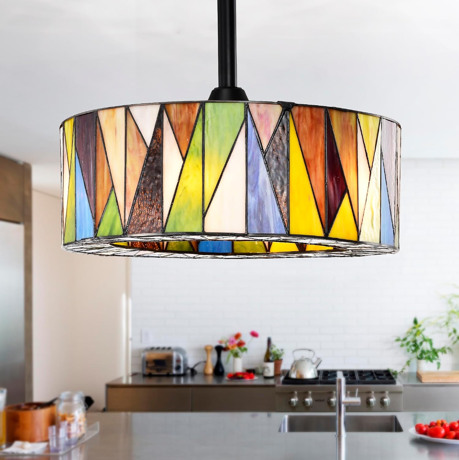 Svenja Black Lighted Ceiling Fan with Multi-Colored Earth Tones Tiffany Style Glass Shade Fandelier with Remote