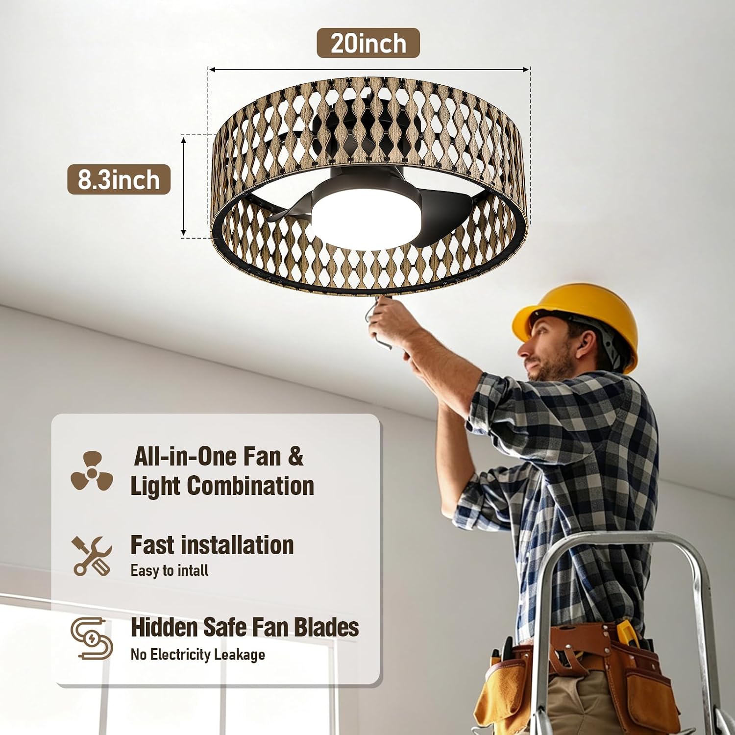 Boho Farmhouse Ceiling Fan with Lights,20' Low Profile Flush Mount Ceiling Fan with Remote,Rustic Wood Pattern Caged Ceiling Fan,Dimmable LED Light,Quiet 6-Speed DC Motor for Bedroom Kitchen