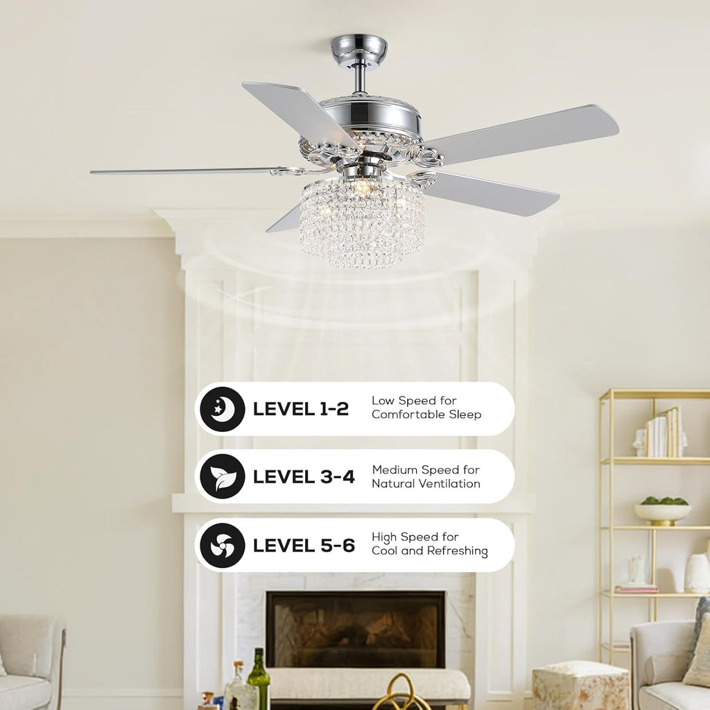 52 Inch Crystal Ceiling Fan with Light and Remote, Modern Reversible Chandelier Fan with Wood Blades, Elegant Fandelier Ceiling Light Kit for Bedroom Dining Room Living Room, Chrome
