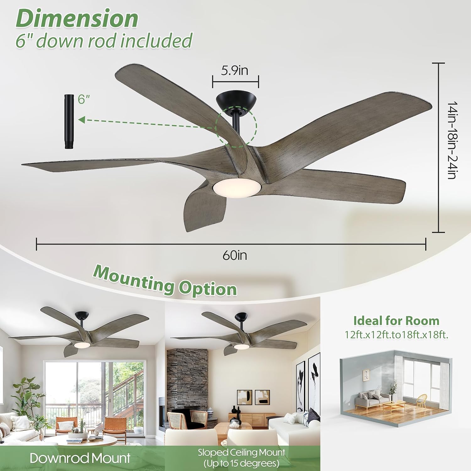 60 Inch Ceiling Fans with Lights and Remote,Flush Mount Low Profile, DC Reversible Motor,6 Speeds Noiseless Ceiling fans For Bedroom,Patio,Farmhouse,Indoor & Outdoor Use,ETL Certification