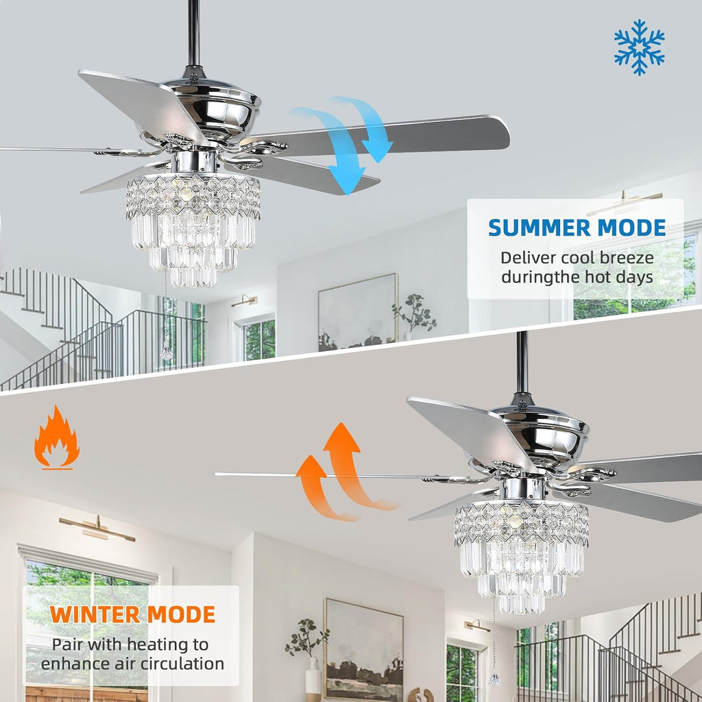 YYEHON 52″ Crystal Ceiling Fan with Lights and Remote Control, Modern Chandelier Fan with Dual Finish Reversible Blades, Quiet Indoor Fanderlier for Living Room, Dining Room, Bedroom. (Chrome)