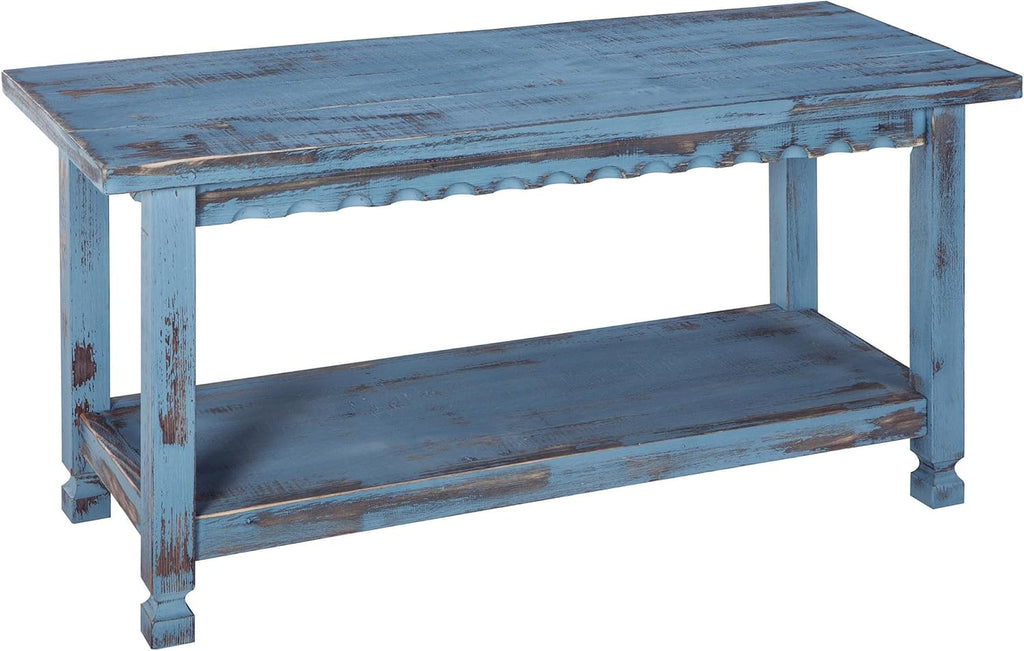 Country Cottage Entryway Bench with Storage Shelf – 36 Inch Solid Wood Farmhouse Bench in Antique Blue Distressed Finish for Rustic Hallway or Living Room Accent by Alaterre Furniture