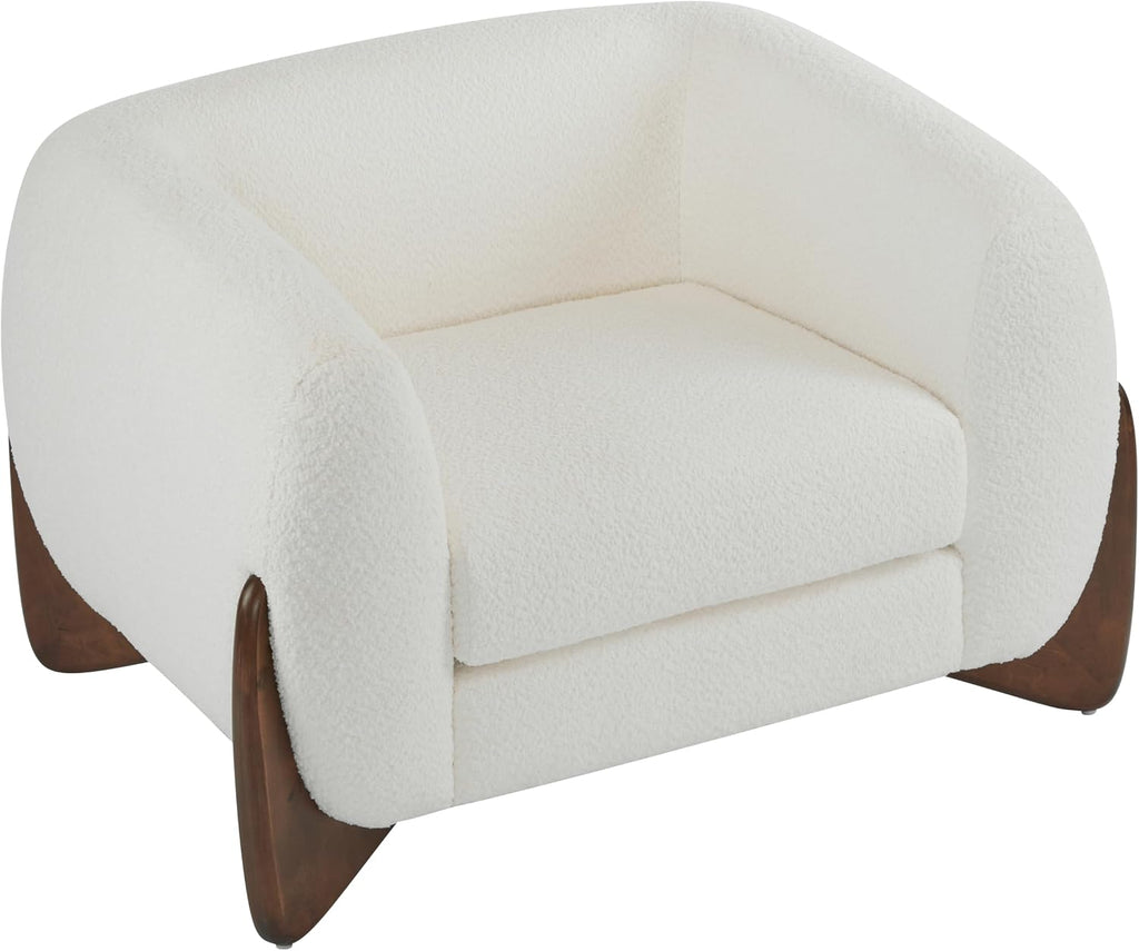 Christopher Knight Home Modern Boucle Fabric Upholstered Club Chair for Living Room, Home Office, Apartment, Relaxing Chair with Removable Cushion and Birch Wood Legs, White and Walnut