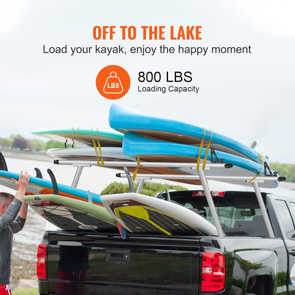 VEVOR Truck Rack, 800 lbs Capacity, 71'x32' Aluminum Ladder Rack for Truck with 8 Non-Drilling C-Clamps, Heavy Duty Truck Bed Rack Two-Bar Set for Kayak, Surfboard, Lumber, Ladder