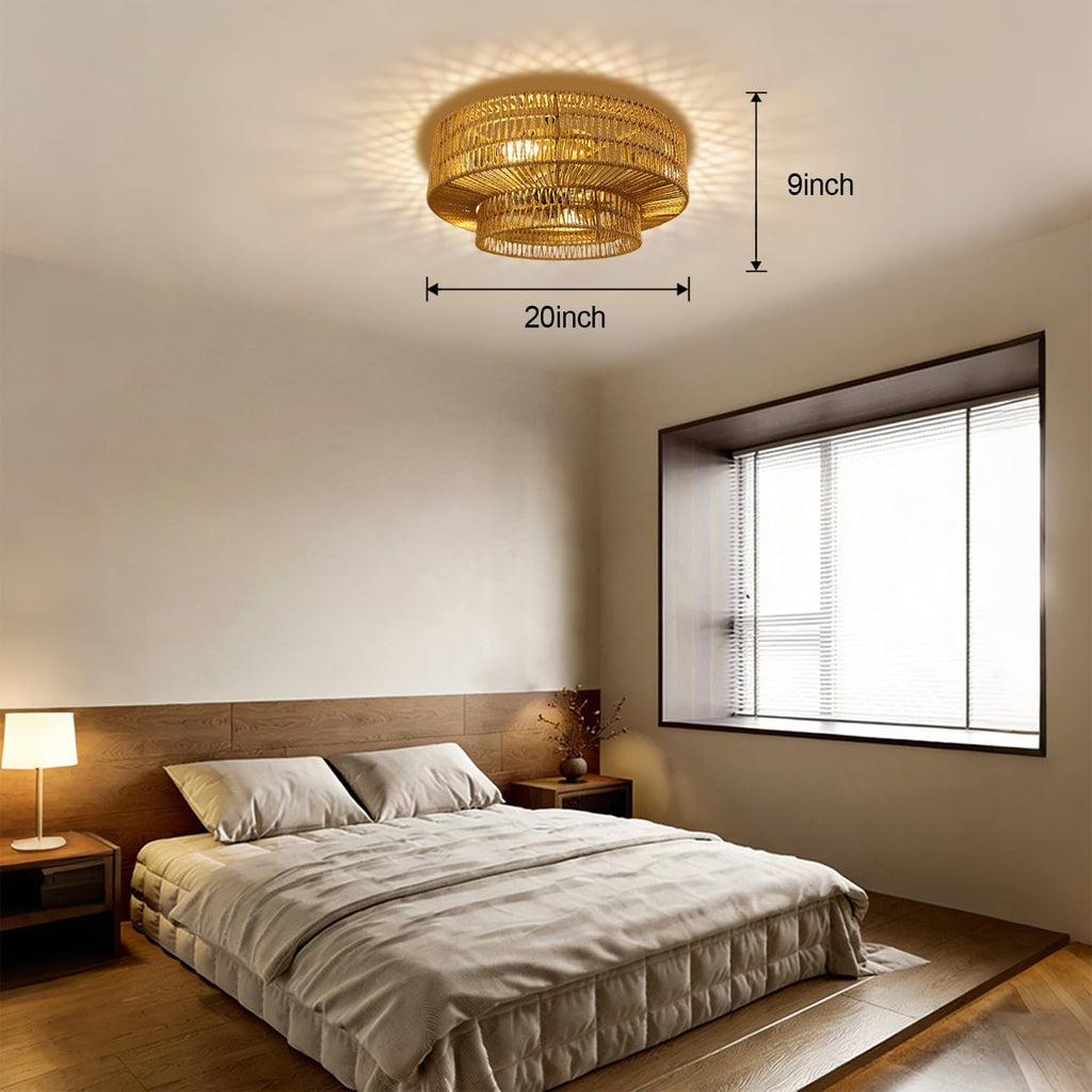 Boho Ceiling Fan with Light and Remote,Rattan Fandelier Ceiling Fan with Light with 3 Mode Lighting and E26 Bulbs for Bedroom, Nursery, Garage (Yellow)