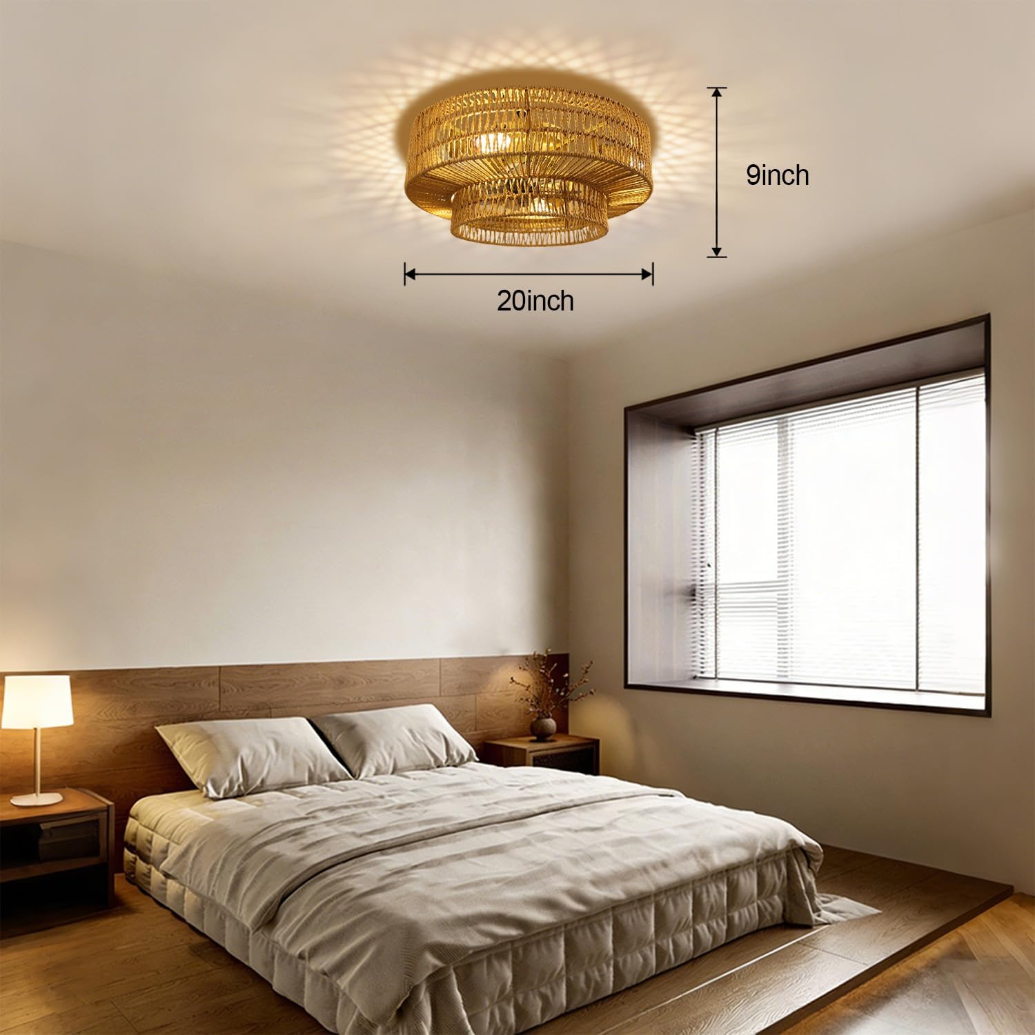 Boho Ceiling Fan with Light and Remote,Rattan Fandelier Ceiling Fan with Light with 3 Mode Lighting and E26 Bulbs for Bedroom, Nursery, Garage (Yellow)
