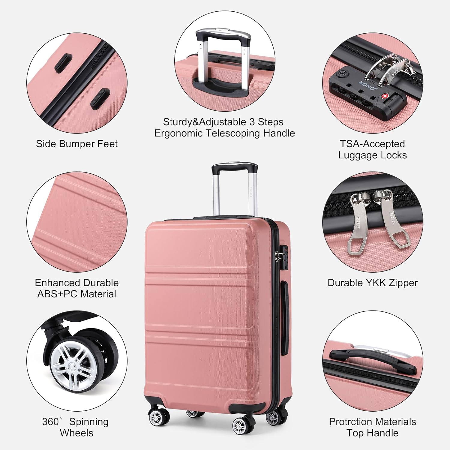 Kono Suitcase Luggage Set Expandable(only 28') Lightweight PC+ABS Carry On Hardside Luggage with TSA Lock Spinner Wheels (Nude/Rose Pink, 6 piece set)