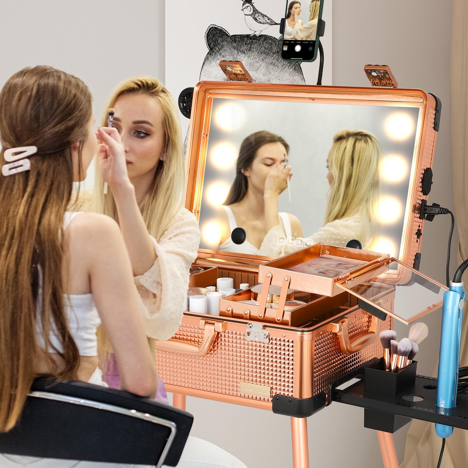 20' Aluminum Ligthed Makeup Train Case with LED Lights Professional Cosmetic Organizer Studio with Speaker, Wheels and Stands Rolling Trolley Makeup Vanity Station for Travel (Rose Gold)