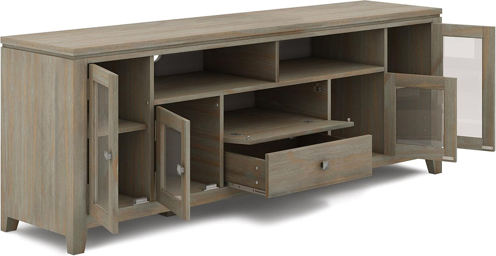 SIMPLIHOME Cosmopolitan SOLID WOOD Universal TV Media Stand, 72 inch Wide, Contemporary, Living Room Entertainment Center with Storage, for Flat Screen TVs up to 80 inches in Distressed Grey