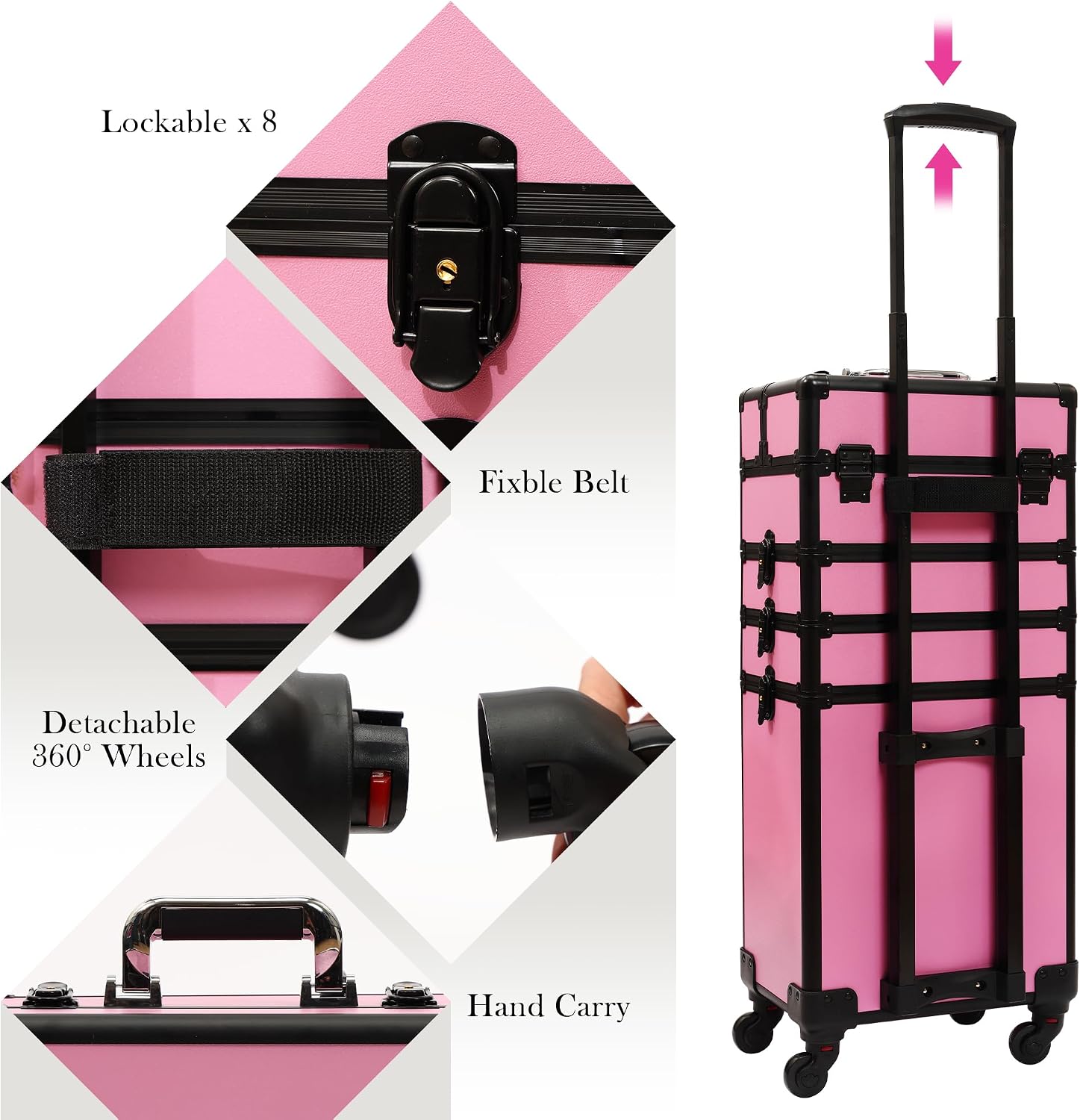 Particle Rolling Makeup Train Case Professional Cosmetic Trolley Large Storage Organizer with Key Swivel Wheels Salon Barber Case -Extra Portable Cosmetic Bag, Pink