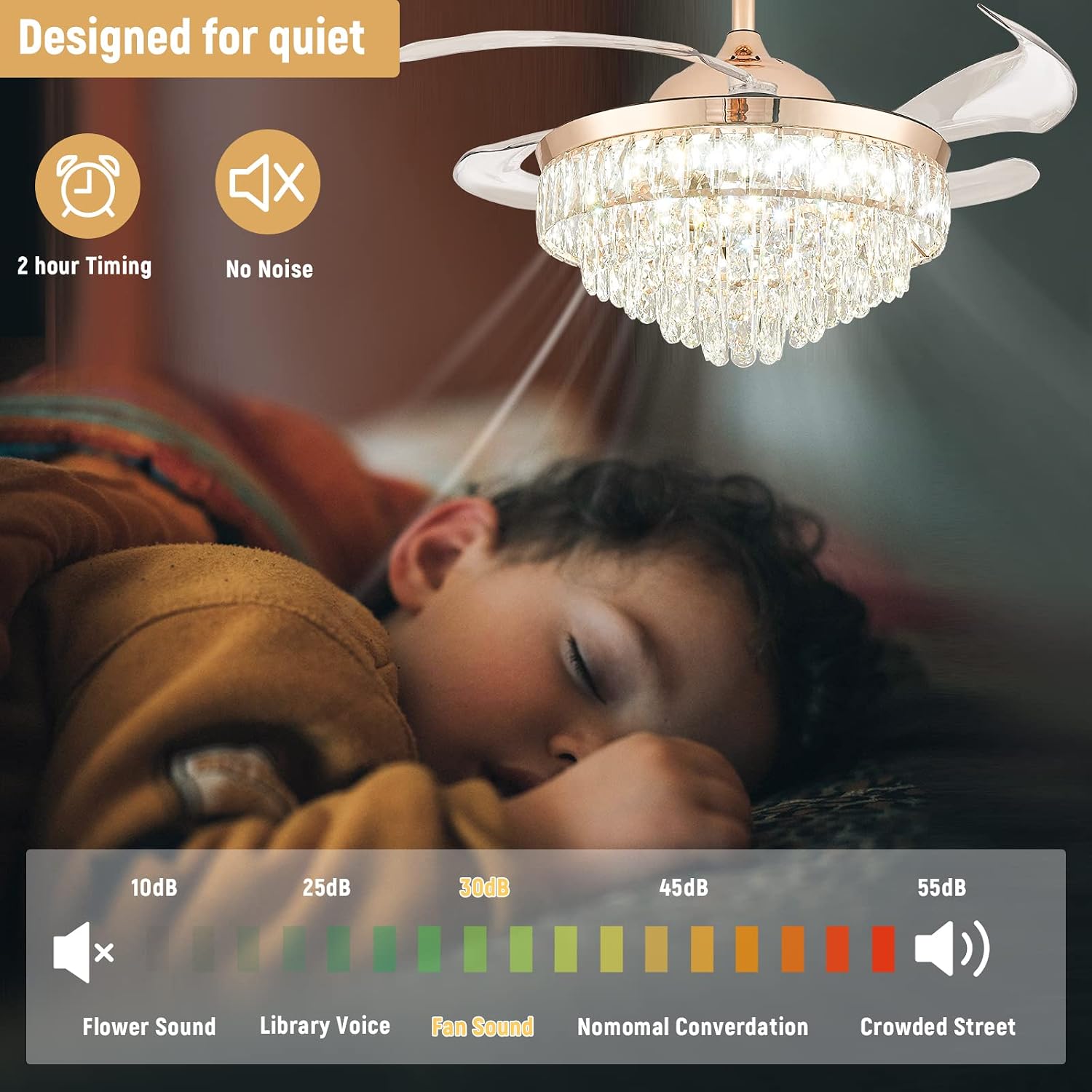CLAIRDAI 42'' Crystal Fandelier Ceiling Fan with Lights, Dimmable LED Fan with Retractable Blades, Remote, 6-Speed Reversible, Semi Flush Mount for Bedroom Dining Room