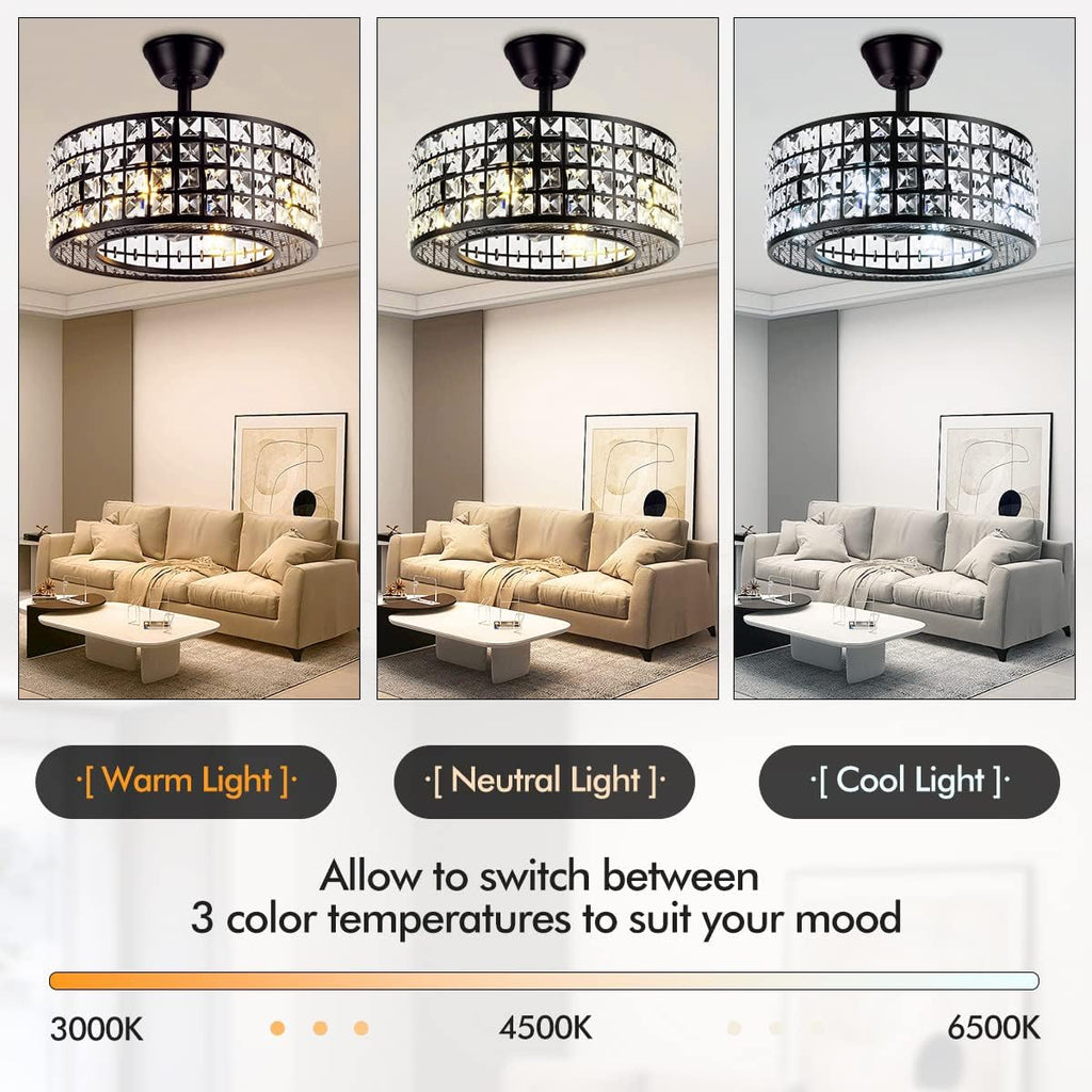 Crystal Ceiling Fan with Light and Remote, Black Caged Chandelier Fan 3 Speeds Timer Industrial Bladeless Dimmable Fandelier for Bedroom Dinning Room