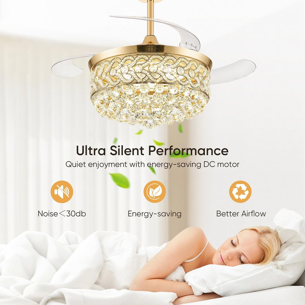 TXCSLY 48' Crystal Fandelier Ceiling Fan with Light, Retractable Ceiling Fans Chandelier Fan with Retractable Blades Dimmable Crystal Ceiling Fan Chandelier Fans for Bedroom Living Room-Gold