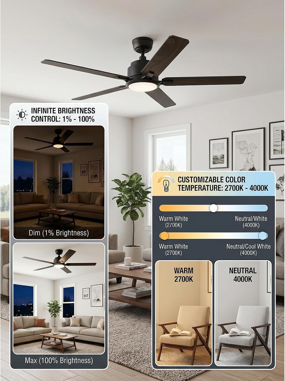 CEME 52 Inch Smart Ceiling Fan with Lights and Remote, Compatible with Alexa Google Assistant Siri, 10-Speed Quiet DC Motor, 3-Color Dimmable LED Light, 5 Plywood Blades, Sloped Ceiling, ETL Listed