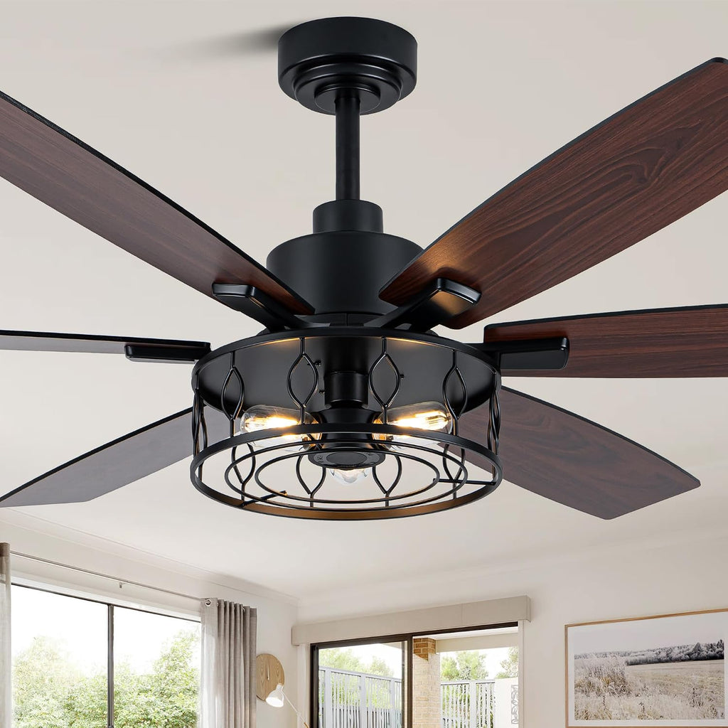 Farmhouse Ceiling Fan with Lights 60 Inch Rustic Ceiling Fan Black Caged Fandelier Large Chandelier Light for Living Room Indoor Outdoor, Reversible DC Motor 6 Speeds, 3 E26 Bulbs