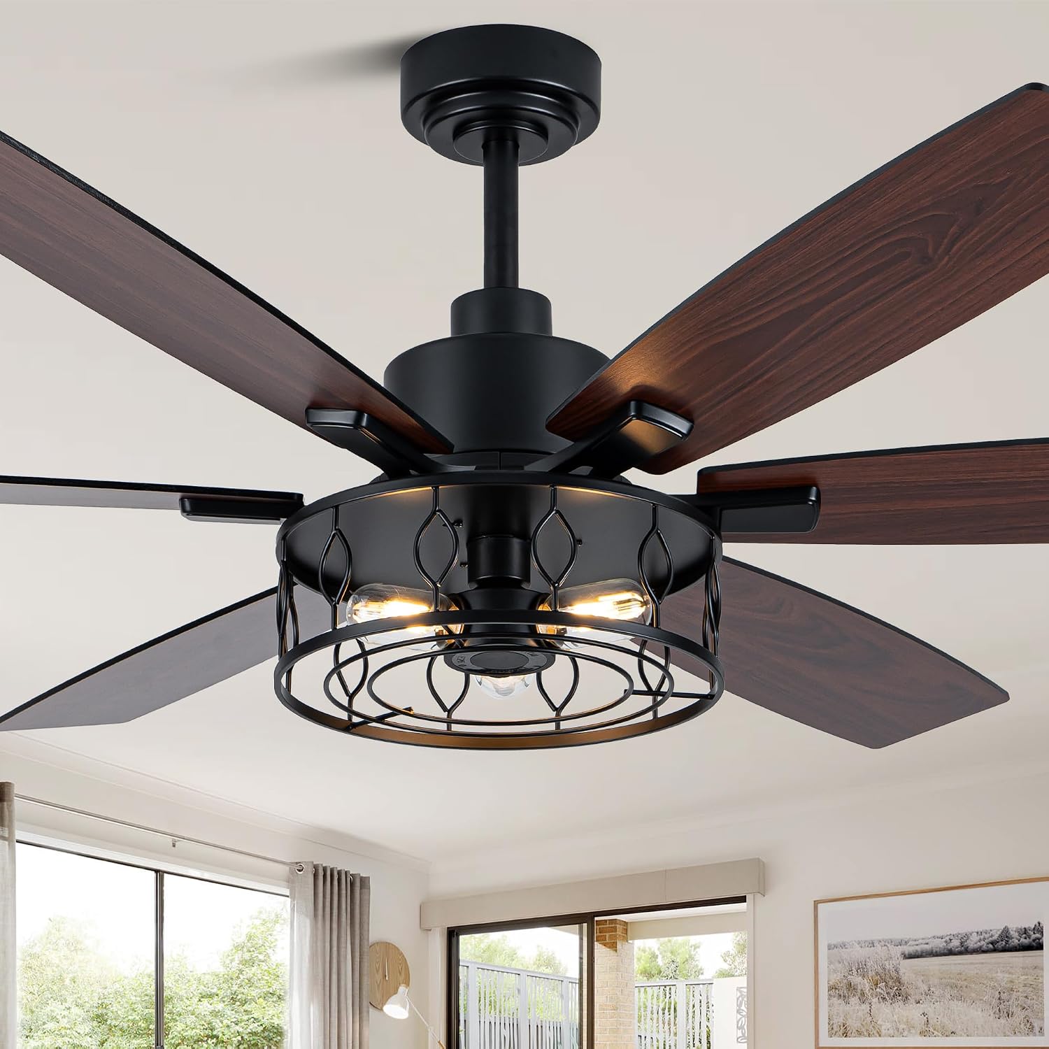 Farmhouse Ceiling Fan with Lights 60 Inch Rustic Ceiling Fan Black Caged Fandelier Large Chandelier Light for Living Room Indoor Outdoor, Reversible DC Motor 6 Speeds, 3 E26 Bulbs
