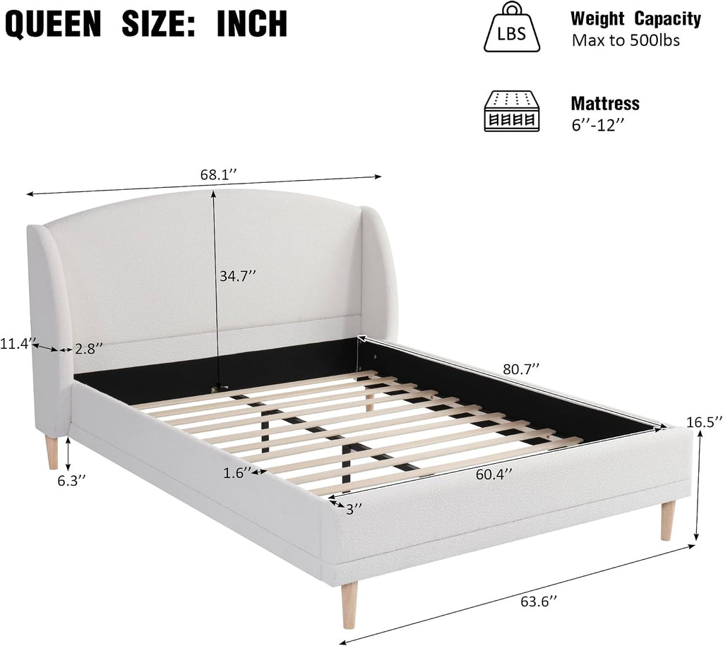 Christopher Knight Home Hazel Queen Size Bed Frame, Upholstered Platform Bed, Soft Boucle Wingback Headboard, Wood Bed Support and Slats, Curved-Shaped Headboard Queen Bed for Adult, 44.50' H White