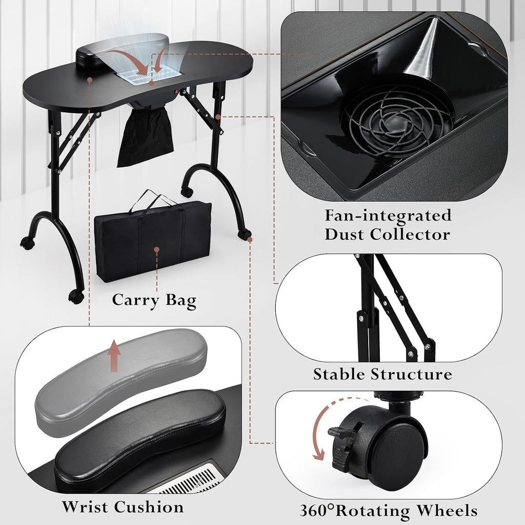 Faquenc Rolling Makeup Train Case With 2 Extra Large Drawers, Nail Organizer, Foldable Table With Electric Dust Collector, Manicure Desk for Mobile Stylists, Artist Salon Cart Trunk - Black