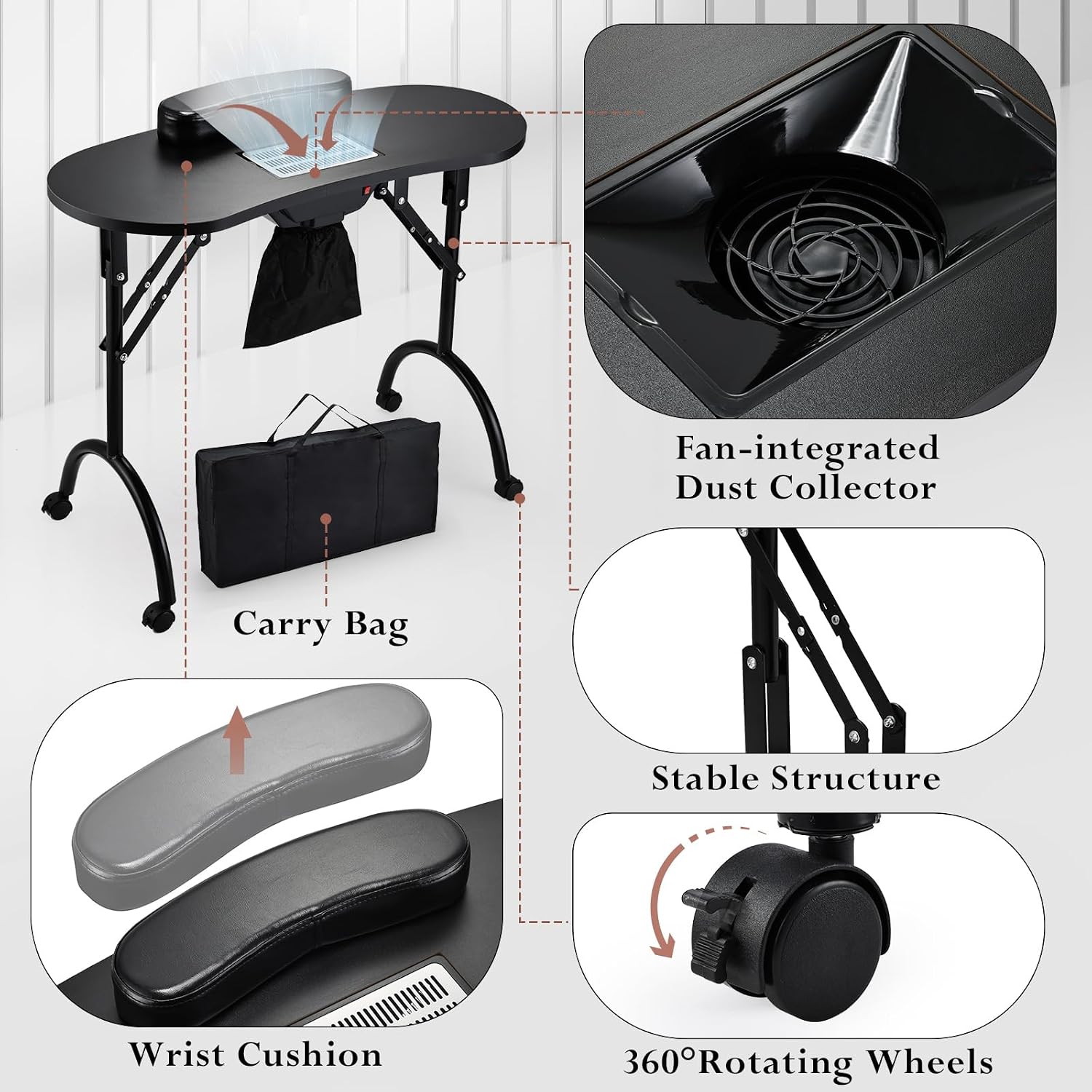 Faquenc Rolling Makeup Train Case With 2 Extra Large Drawers, Nail Organizer, Foldable Table With Electric Dust Collector, Manicure Desk for Mobile Stylists, Artist Salon Cart Trunk - Black