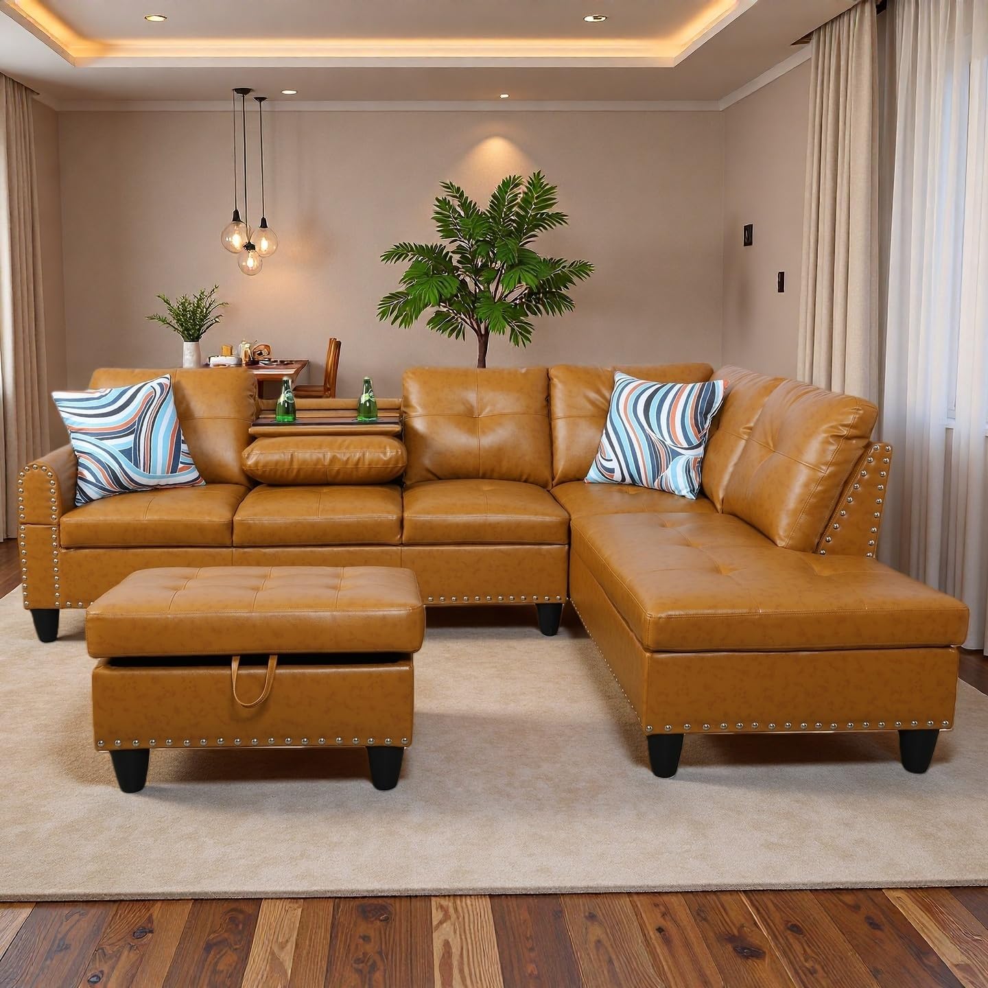 Sectional Couches for Living Room with Movable Chaise & Storage Ottoman - 97.5' Leather L Shaped Couches for Living Room Apartment, Home Modular Sectional Sofas with Cup Holder, Ginger