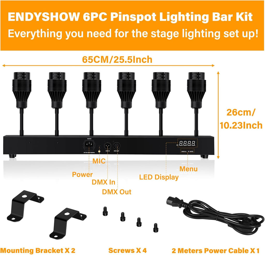 Pinspot Light Bar,6PC LED Pinspot Stage Lights Disco Ball Manual Zoom(15-60 Degree) 3200K Dimmable Warm White DMX Sound Activated Lights for Party Activities Live Show Concert Church Wedding