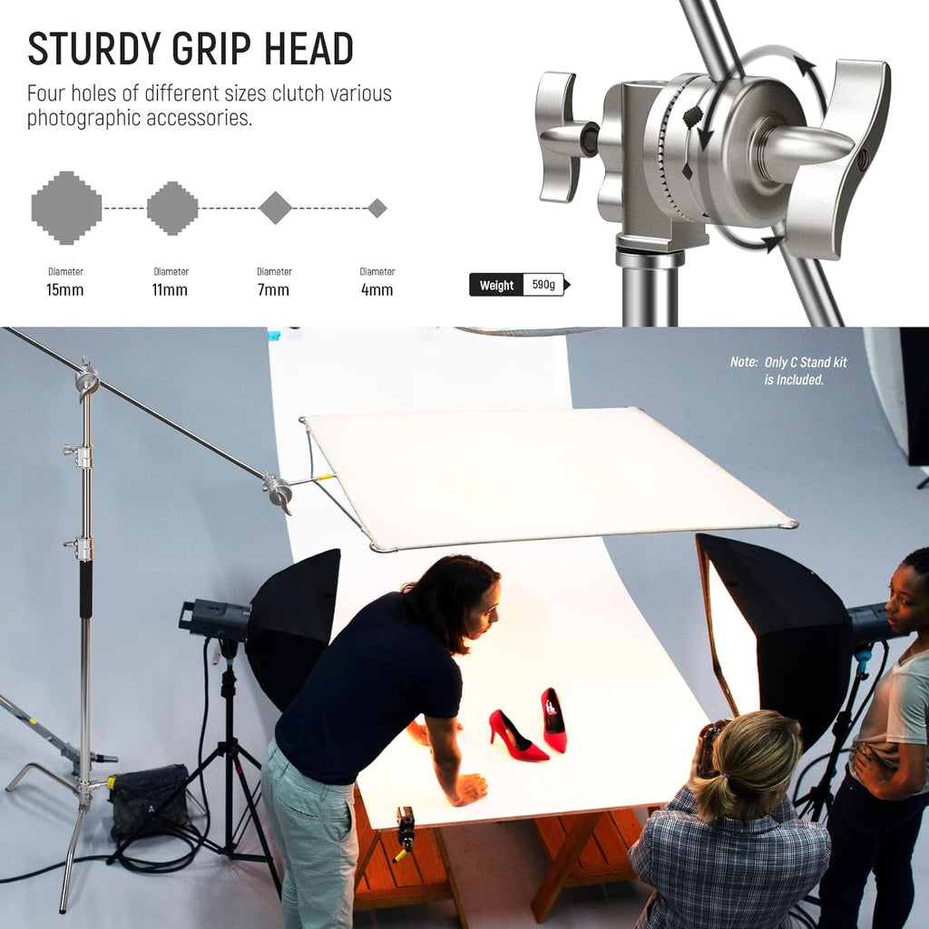 NEEWER C Stand with Boom Arm Pro 100% Stainless Steel, Max Height 10.8ft/330cm Air Cushion Heavy Duty Photography Light Stand with 4.2ft/128cm Holding Arm for Monolight Softbox Reflector