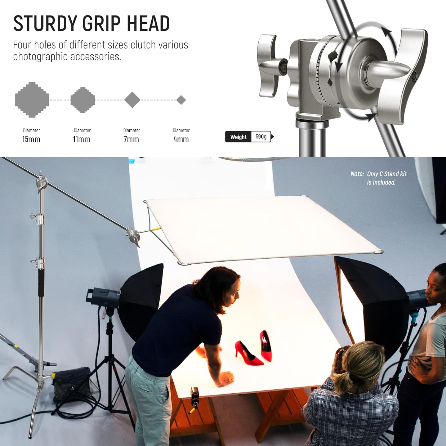 NEEWER C Stand with Boom Arm Pro 100% Stainless Steel, Max Height 10.8ft/330cm Air Cushion Heavy Duty Photography Light Stand with 4.2ft/128cm Holding Arm for Monolight Softbox Reflector