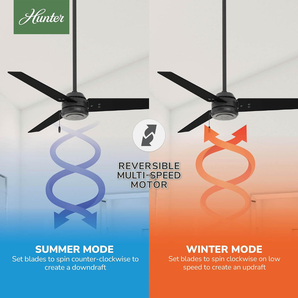 Hunter 52 inch Outdoor or Indoor Ceiling Fan No Light - Black Ceiling Fan without Light, For Patio, Porch, Garage, or Living Room, Standard Mount, 3 Blades, Pull Chain - Cassius 59264, Matte Black