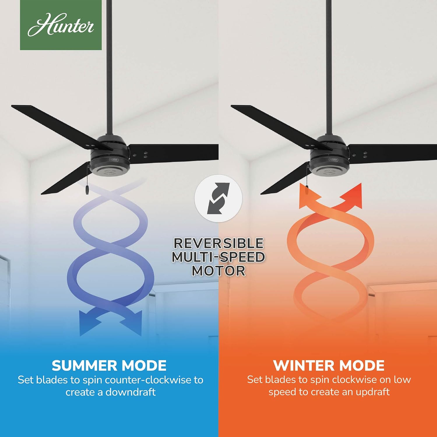 Hunter 52 inch Outdoor or Indoor Ceiling Fan No Light - Black Ceiling Fan without Light, For Patio, Porch, Garage, or Living Room, Standard Mount, 3 Blades, Pull Chain - Cassius 59264, Matte Black