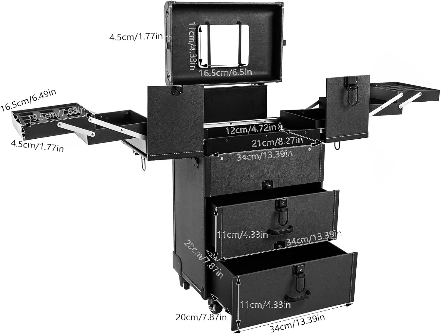 Professional Rolling Makeup Case Train Case Portable Cosmetic Organizer Trolley Lockable Rolling Make-ups Case Storage Cart Makeup Train Case Cosmetology Case On Wheels (Black|4 trays)