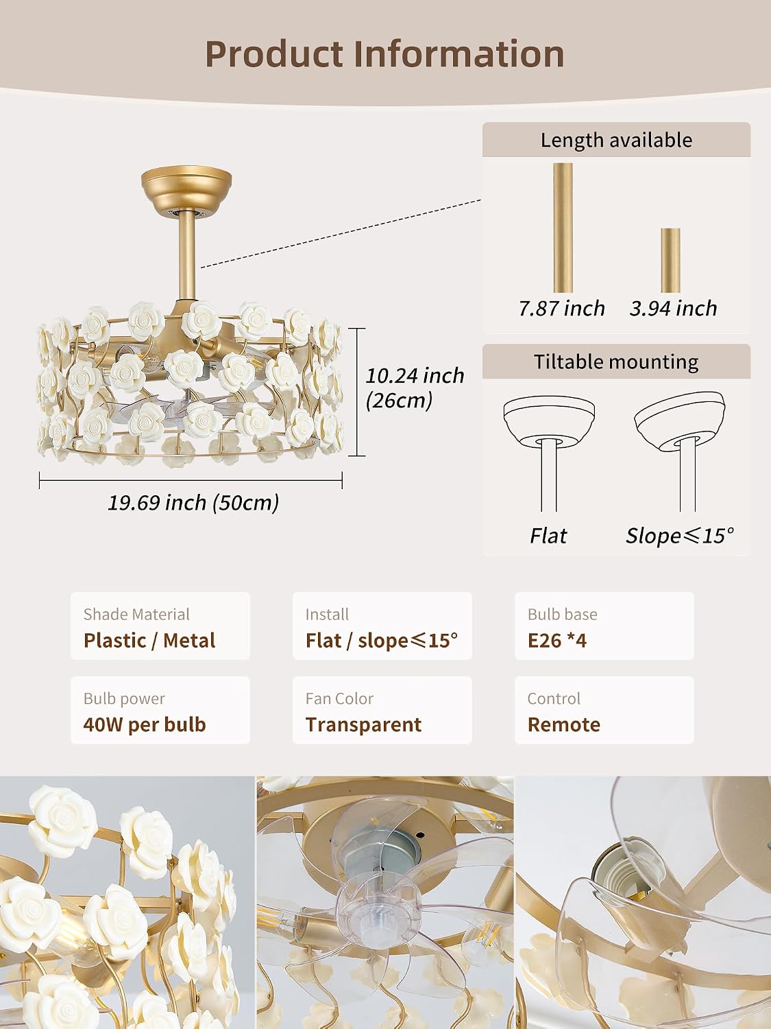 20' Gold Flower Fandelier Ceiling Fans with Lights, Caged Gold Crystal Chandelier Ceiling Fan with Light with 6 Speeds for Bedroom, Nursery, Living Room