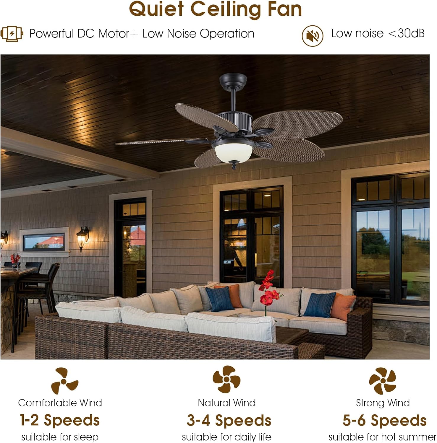 Wiviniya 50 Inch Tropical Ceiling Fans with Lights, Palm Leaf Waterproof Outdoor Ceiling Fan for Patios Porch, Remote/APP Control, Wet Rated, Glass Lampshade, Quiet DC Motor, Dimmable LED, Dark Brown