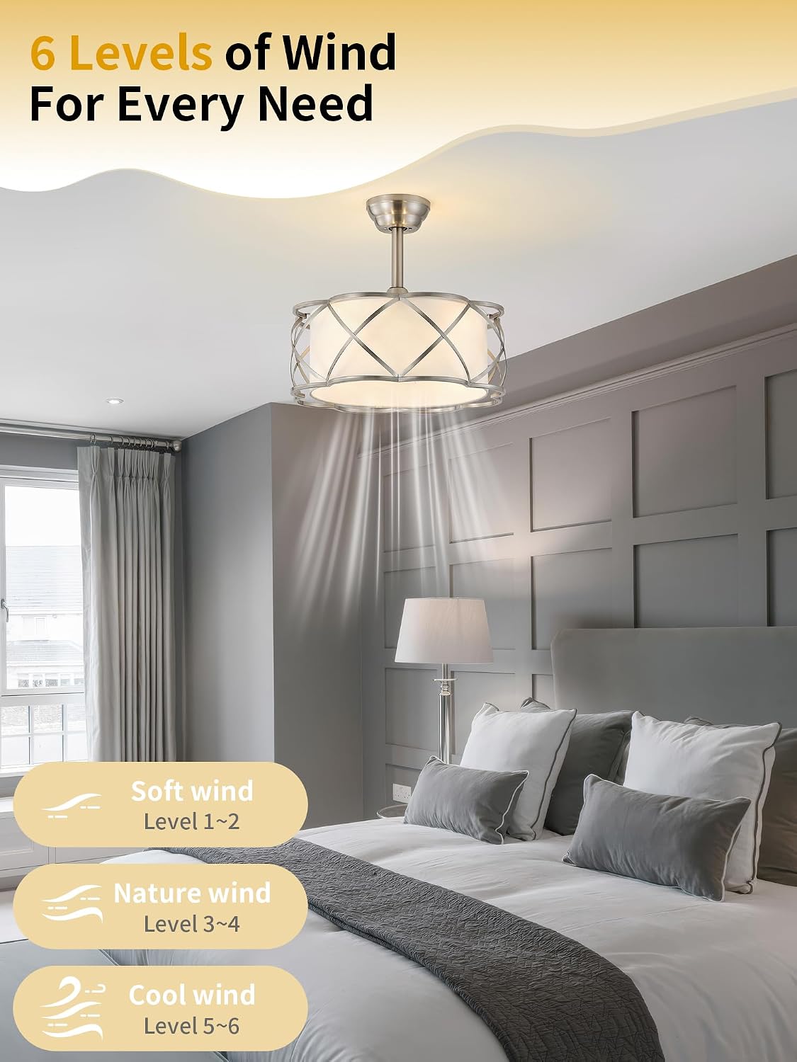 20' Fandelier Ceiling Fans with Lights, Caged Bladeless Ceiling Fan with Light Remote Control, Mid-Century Modern with 6 Speeds for Bedroom, Nursery, Living Room, Silver