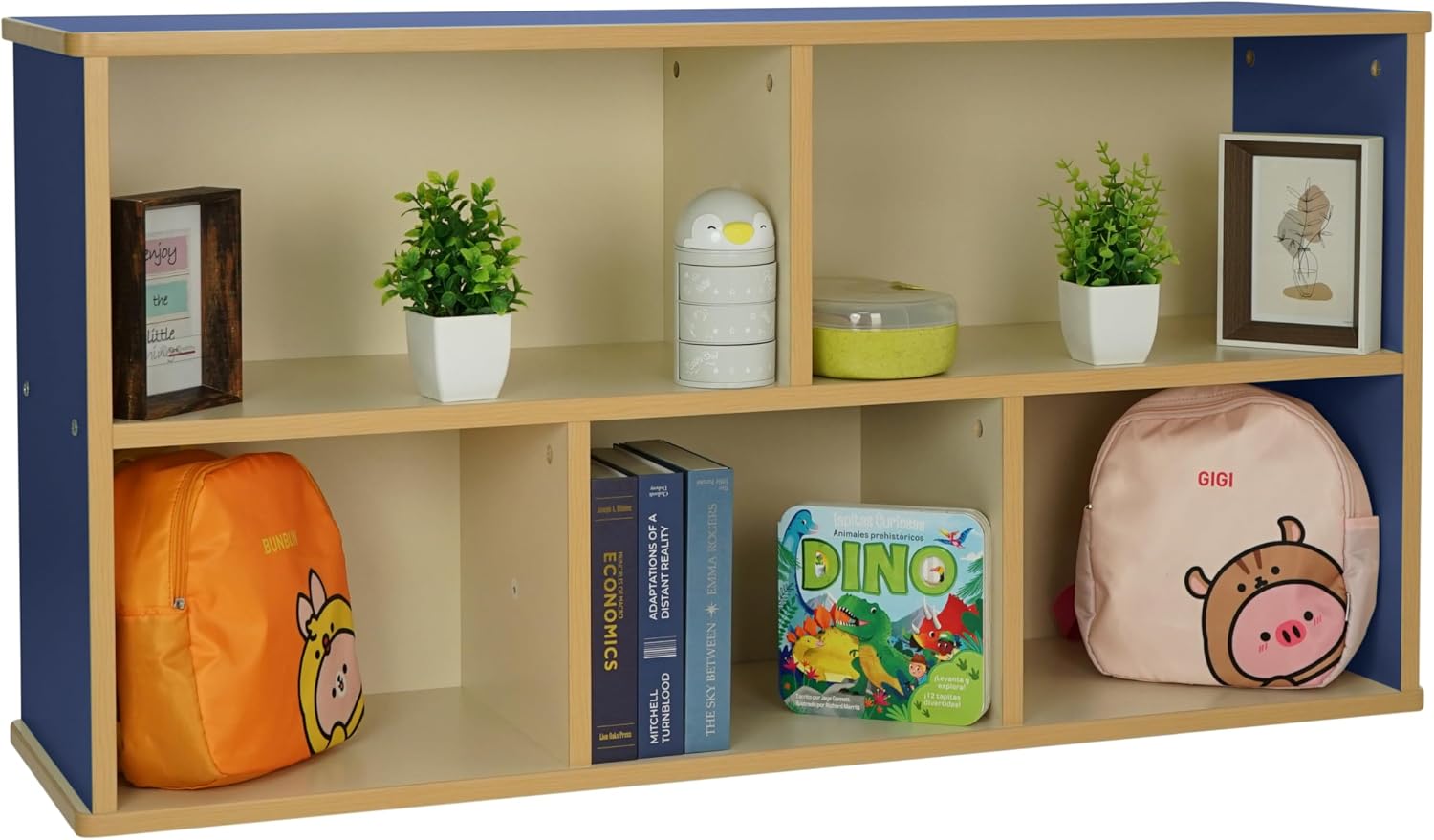 FDP Laminate 5-Compartment Storage Cabinet 24 inch Height Organize Books, Toys, Games, Art Supplies, Durable, Sturdy Furniture for Home, Daycare, Preschool, Classroom - Almond/Blue, 13886-ALBL