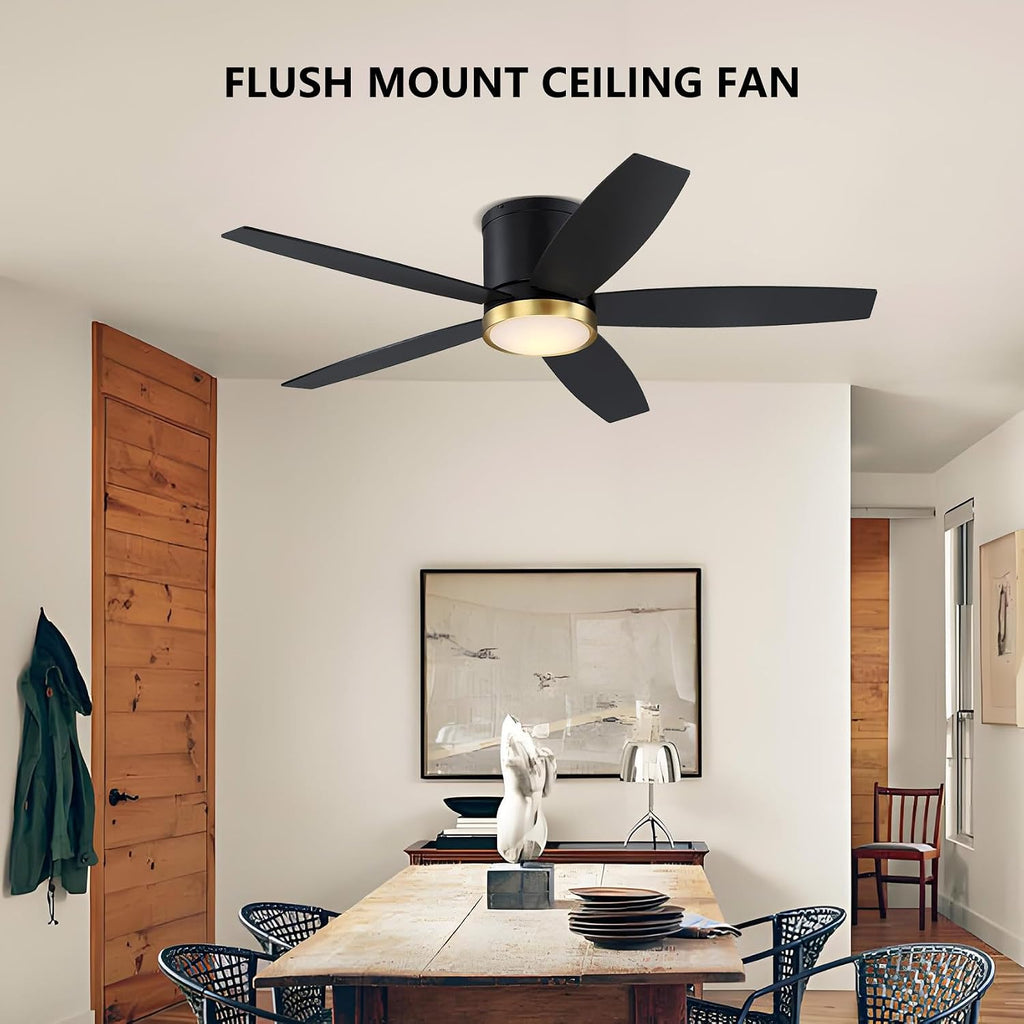 52 Inch Low Profile Ceiling Fan with Light and Remote, Black and Gold Flush Mount Ceiling Fan with Light, Indoor Modern Hugger Fan with Light Fixture and Timer Setting, 3CCT, Bedroom, Dining Room