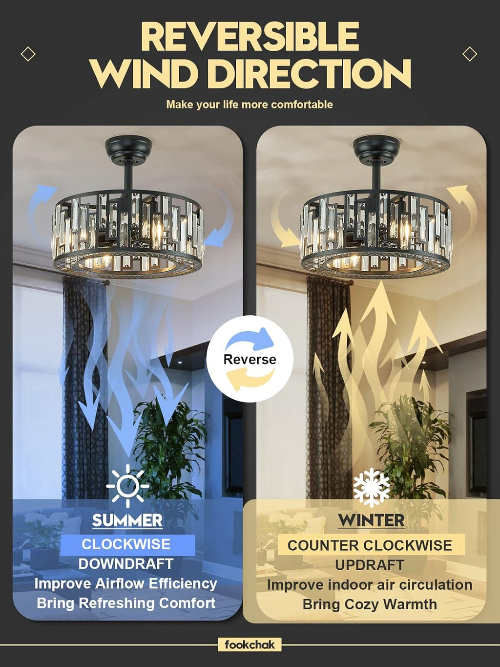 Crystal Caged Ceiling Fan Light Modern Black Fandelier with Remote Control Bladeless Ceiling Fan Lighting for Bedroom Dining Room Kitchen Living Room