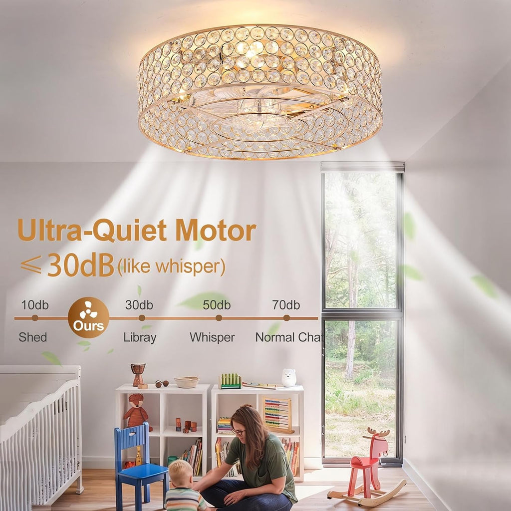 20 Inch Gold Crystal Fandelier Ceiling Fans with Lights, Ceiling Fans with Lights Remote Control, Mid Century French Caged Fandelier with 6 Speeds for Bedroom, Living Room