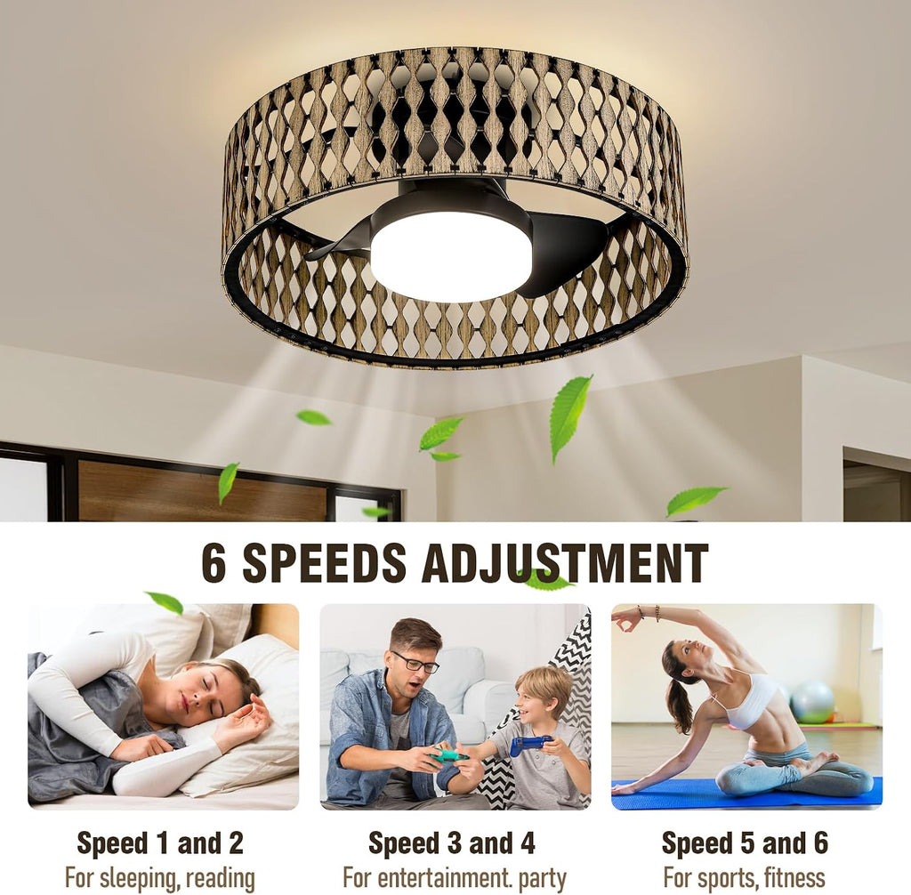 Boho Farmhouse Ceiling Fan with Lights,20' Low Profile Flush Mount Ceiling Fan with Remote,Rustic Wood Pattern Caged Ceiling Fan,Dimmable LED Light,Quiet 6-Speed DC Motor for Bedroom Kitchen