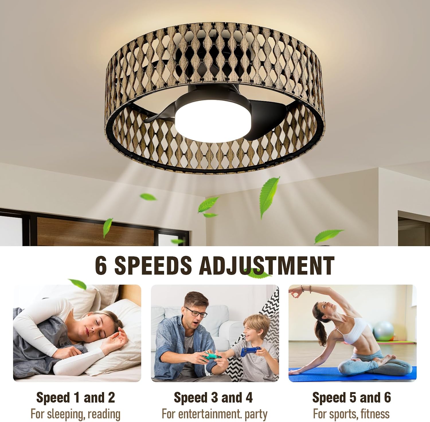 Boho Farmhouse Ceiling Fan with Lights,20' Low Profile Flush Mount Ceiling Fan with Remote,Rustic Wood Pattern Caged Ceiling Fan,Dimmable LED Light,Quiet 6-Speed DC Motor for Bedroom Kitchen