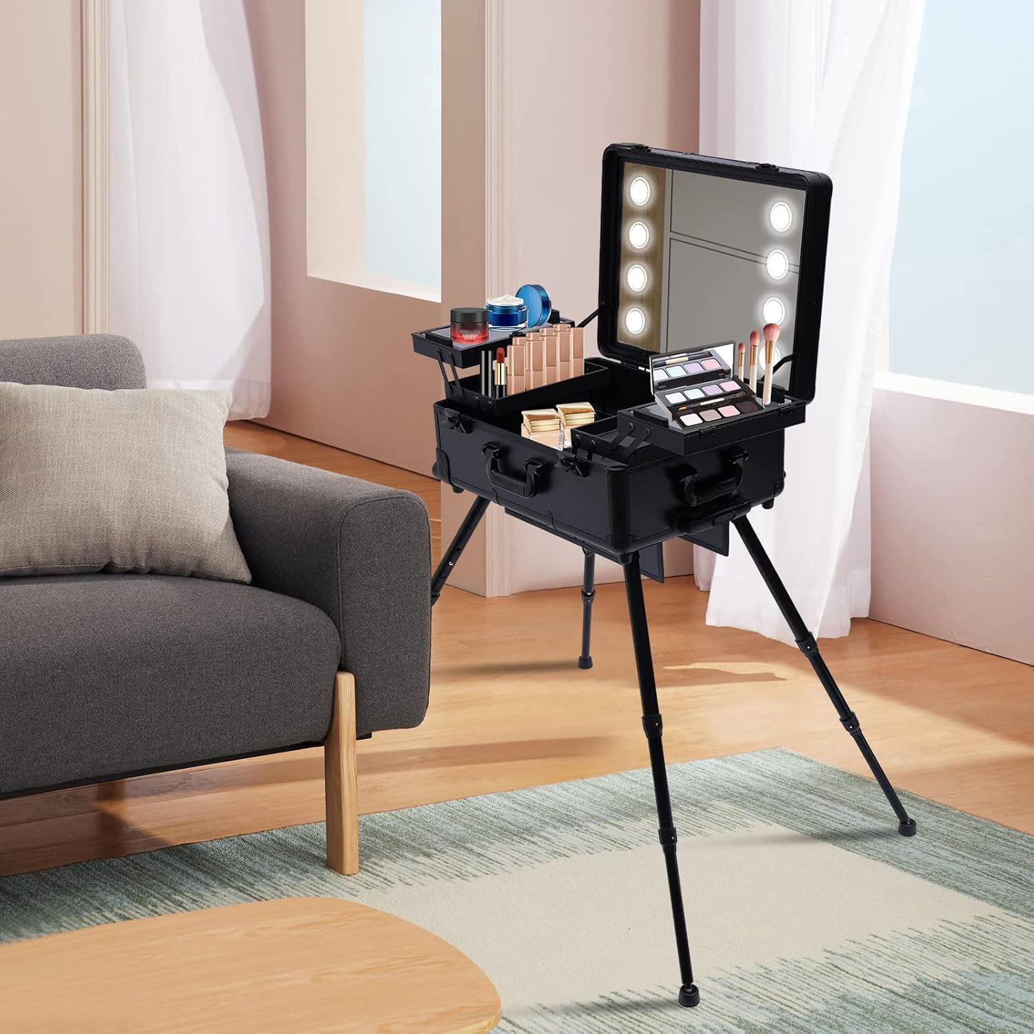 Rolling Makeup Case, Cosmetic Trolley Organizer Travel Makeup Case with Mirror and Lights Travel Cosmetic Luggage Adjustable Height w/ 4 Wheels for Beauty Centers, Salons, Parties